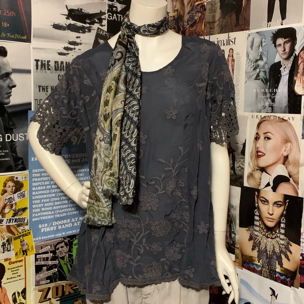 Johnny Was Slate Blue Embroidered Short Slv Top